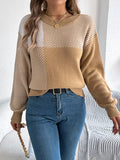Color Block Striped Sweater - Round Neck Knit in beige and white with casual style.