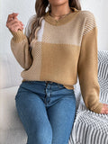 Color Block Striped Sweater with round neck worn by model sitting on sofa