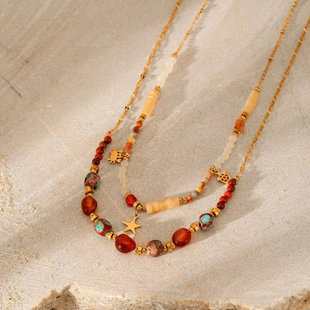 2 Piece 18K Gold-Plated Natural Stone Bead Necklace