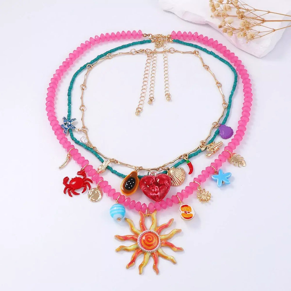 3-Piece Vibrant Summer Beach Charm Necklace
