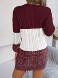 Back view of color block cable knit sweater dress with textured pattern, featuring burgundy, white, and maroon colors.