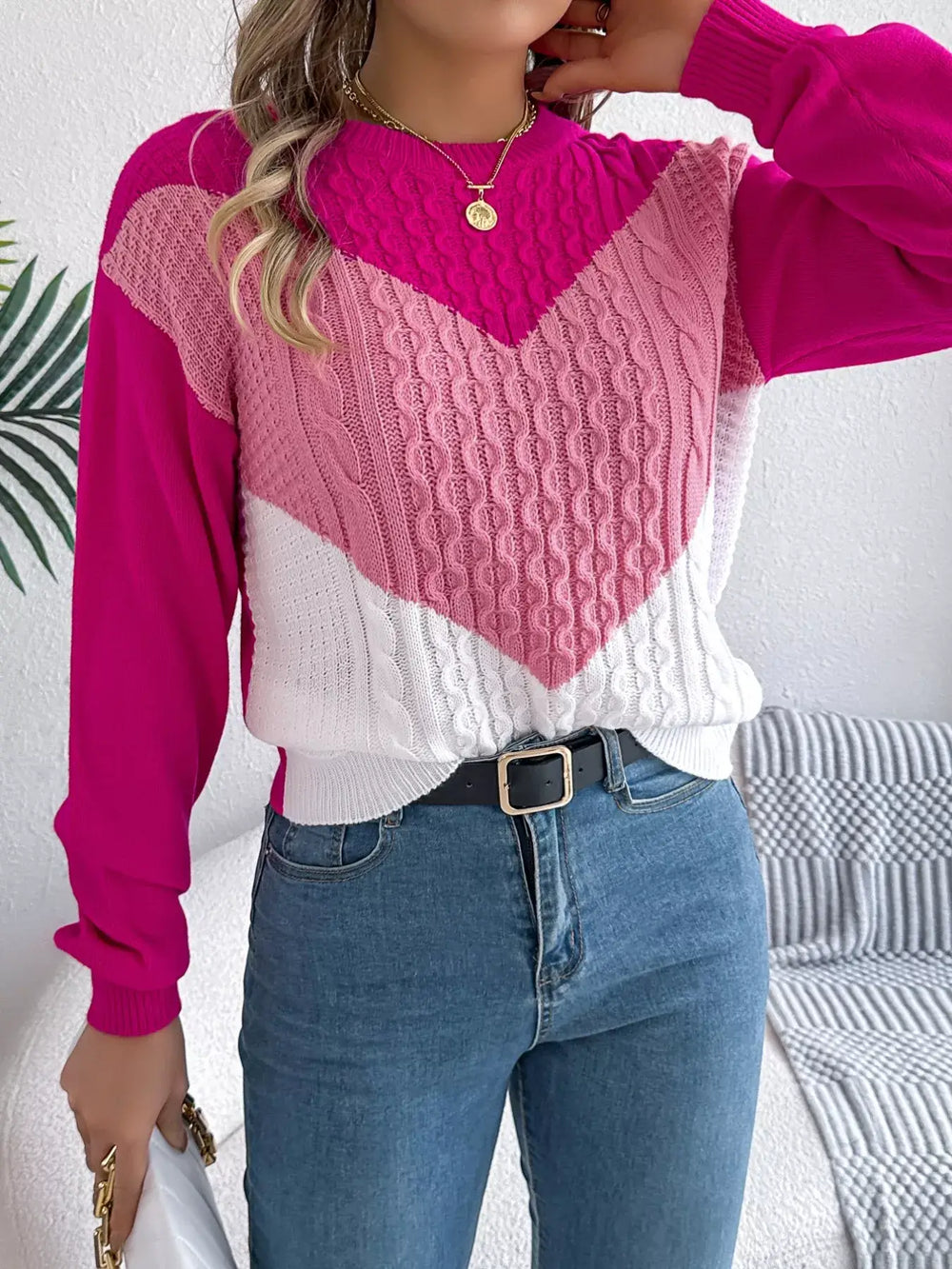 Color Block Cable Knit Sweater - Basic Style