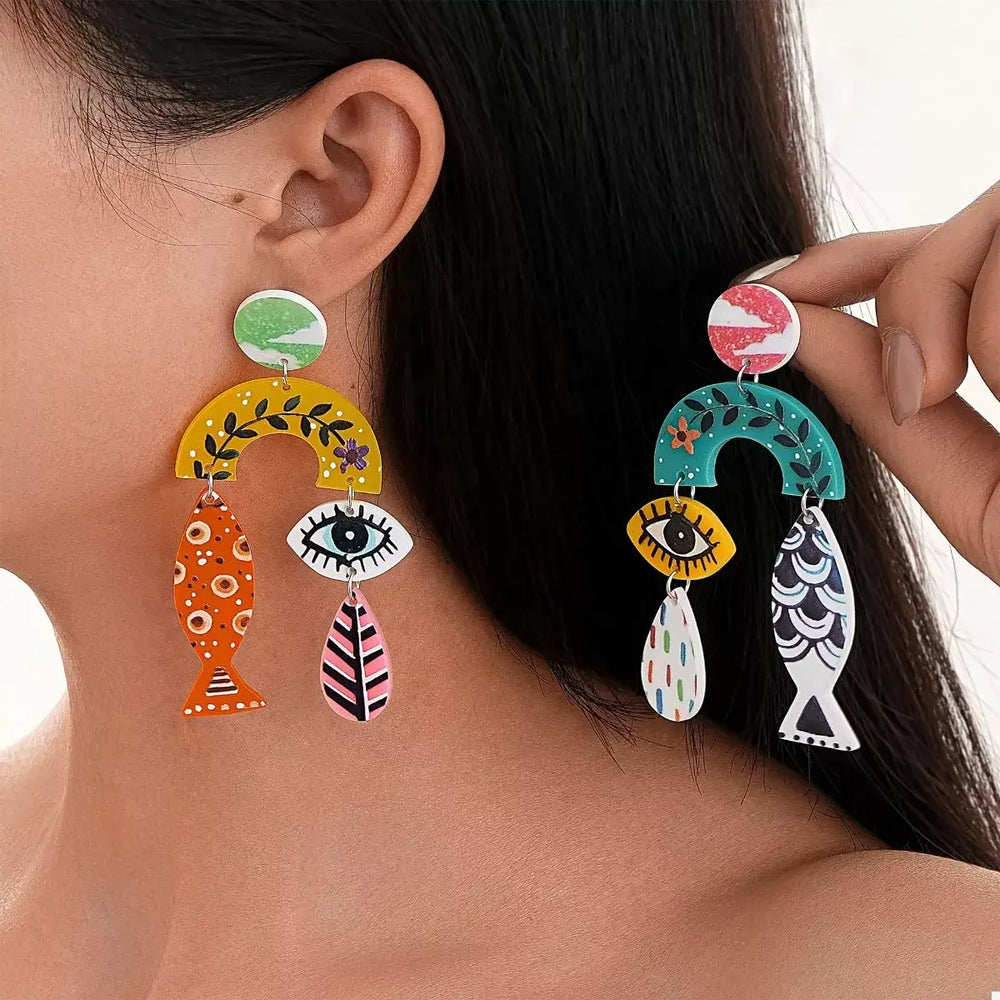 Evil Eye & Fish Dangle Earrings