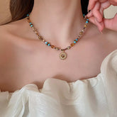 Multi-Color Beaded Sunflower Pendant Necklace