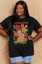 Graphic Cotton T-Shirt with "GRATEFUL" flower print in full size, casual comfort with bold style.