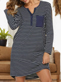 Striped Lounge Dress with long sleeves, buttoned front, and pockets, perfect for casual comfort and style.