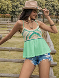 Woman wearing Openwork Cami with scoop neck and ruched front, styled in a casual outdoor setting