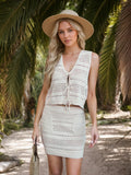 Openwork V-Neck Top and Skirt Knit Cover Up Set