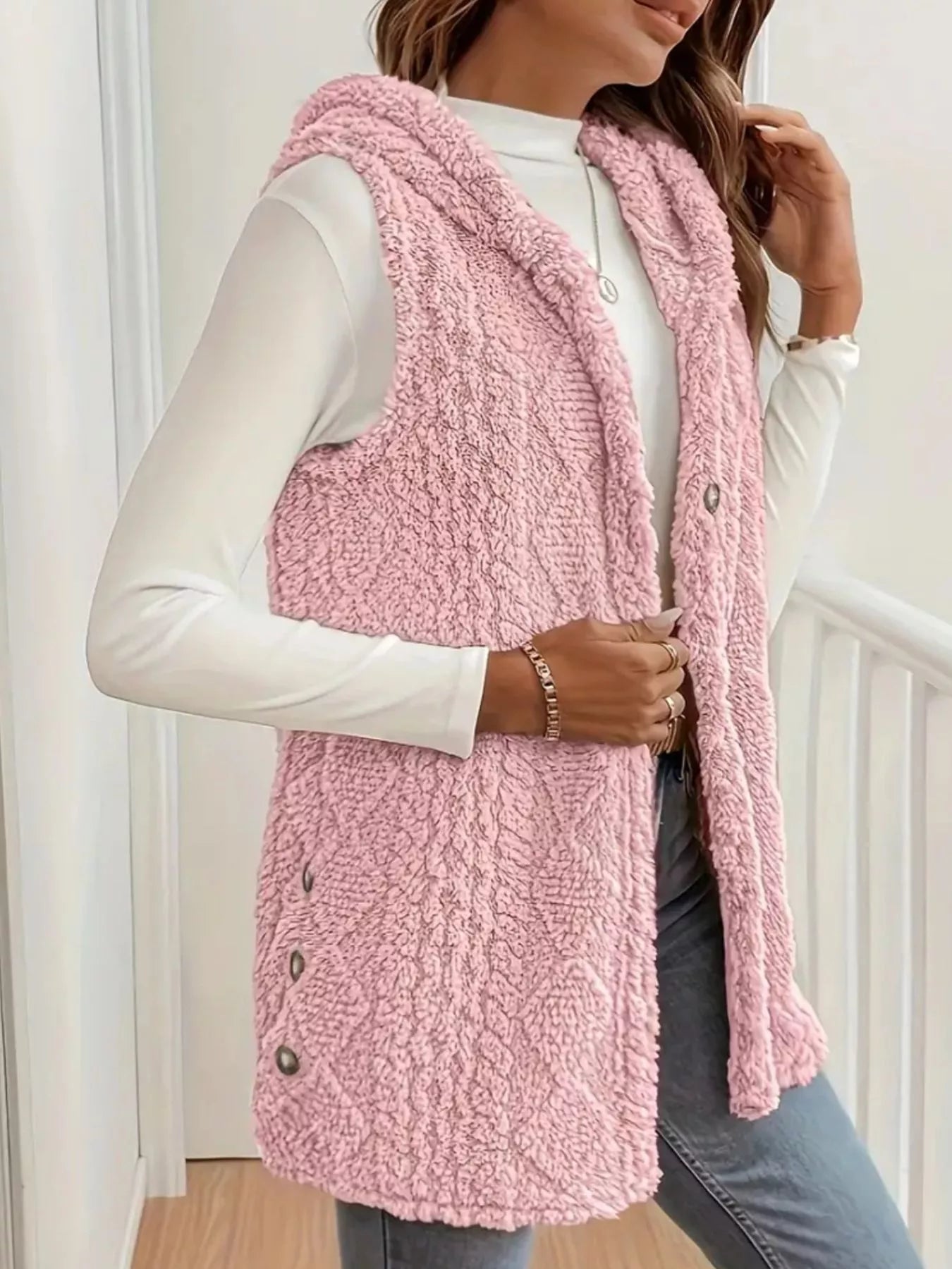 Button Up Plush Hooded Vest Coat