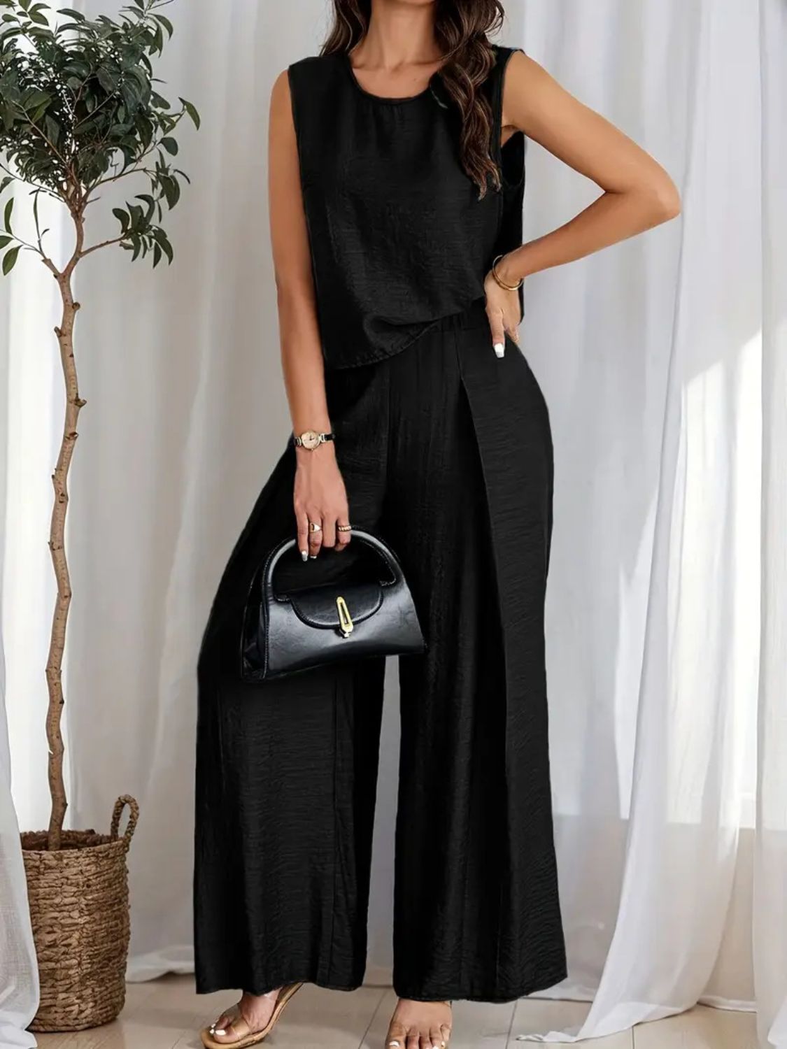 Round Neck Sleeveless Top and Wide Leg Pants Set