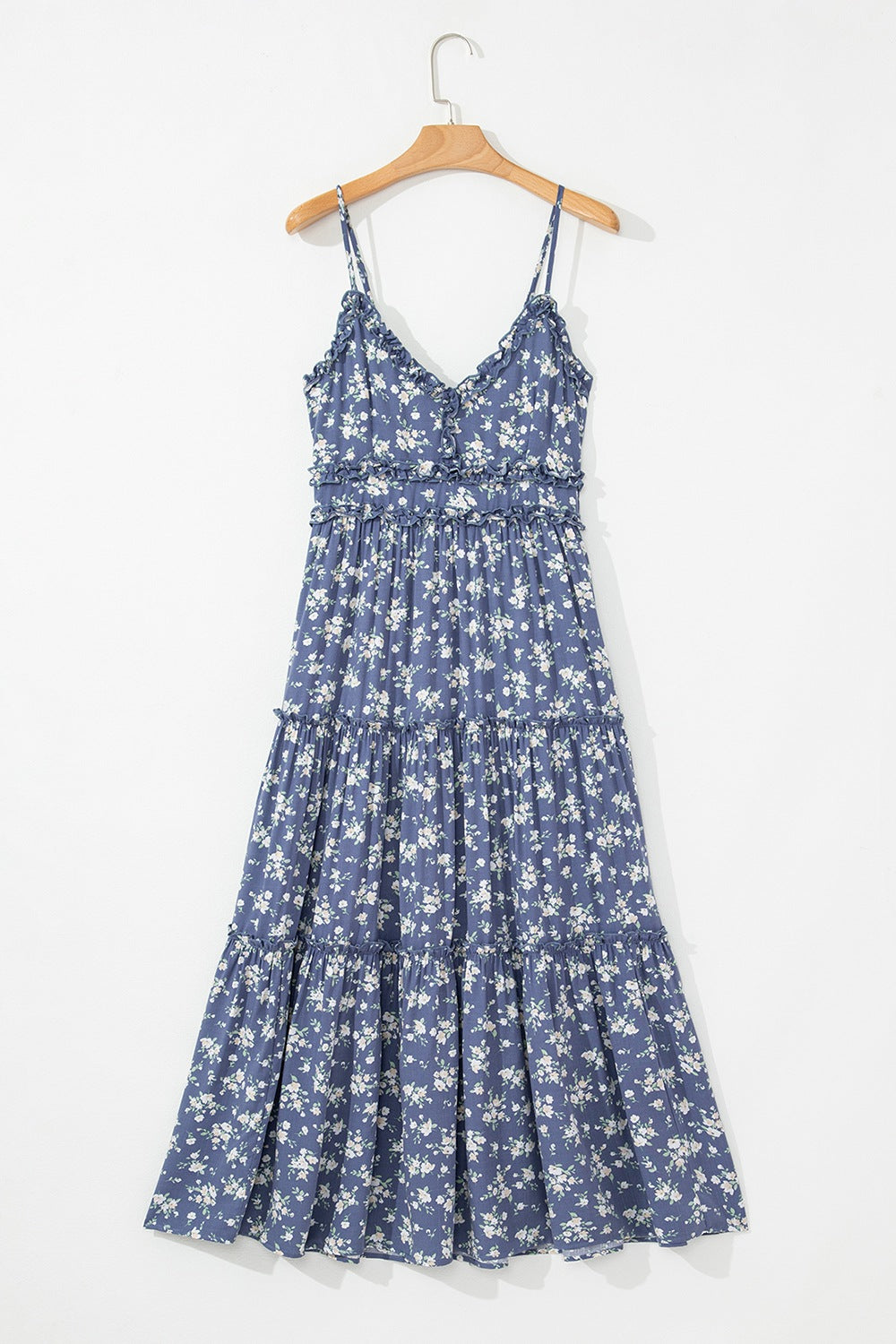 Floral Spaghetti Strap Frilled V Neck Tiered Midi Dress