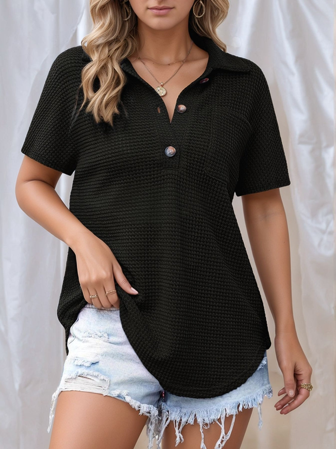 Waffle-Knit Short Sleeve Polo Shirt