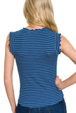 Zenana Ribbed Ruffle Trim Sleeveless Stripe Top