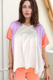 Color Block Patchwork V Neck Exposed Seam High Low T Shirt