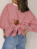 Stripe Bow Decor Cutout Drop Shoulder Top