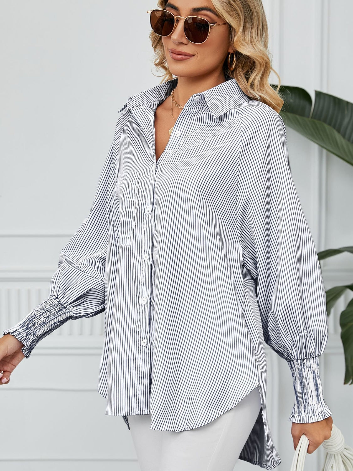 Striped Collared Neck Long Sleeve Shirt