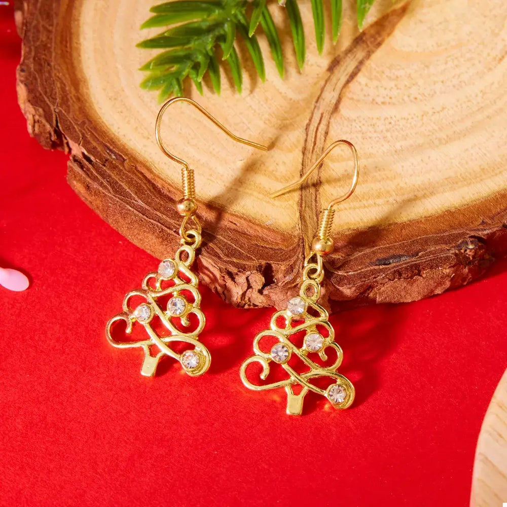 18K Gold-Plated Rhinestone Christmas Tree Dangle Earrings