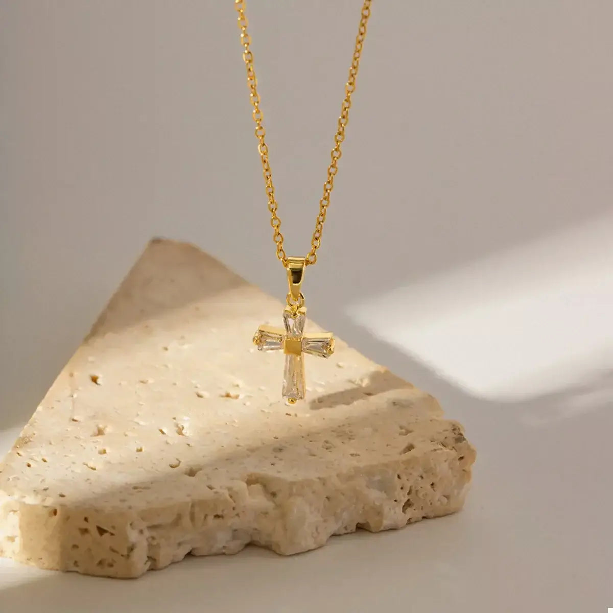 18K Gold-Plated Stainless Steel Zircon Cross Necklace