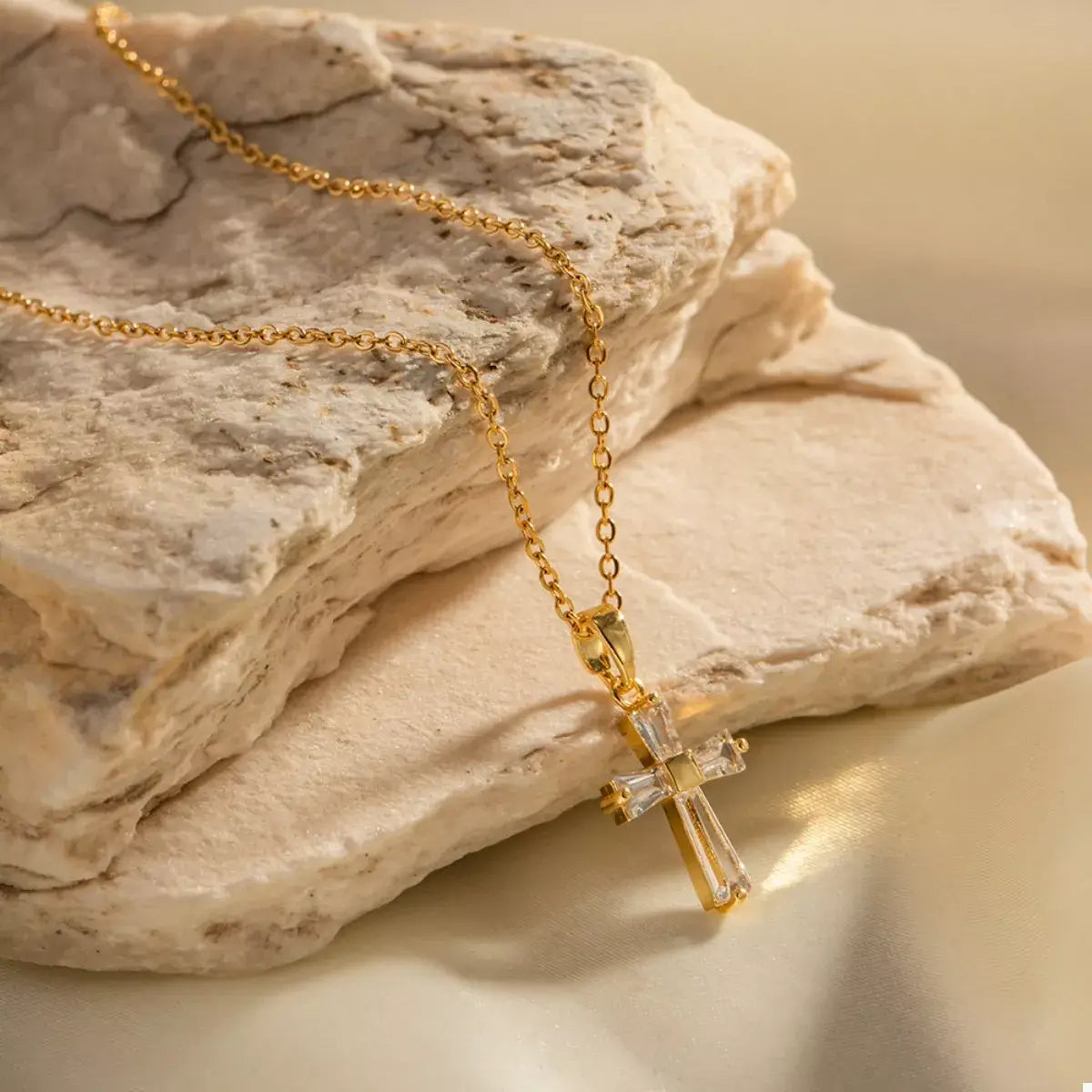 18K Gold-Plated Stainless Steel Zircon Cross Necklace