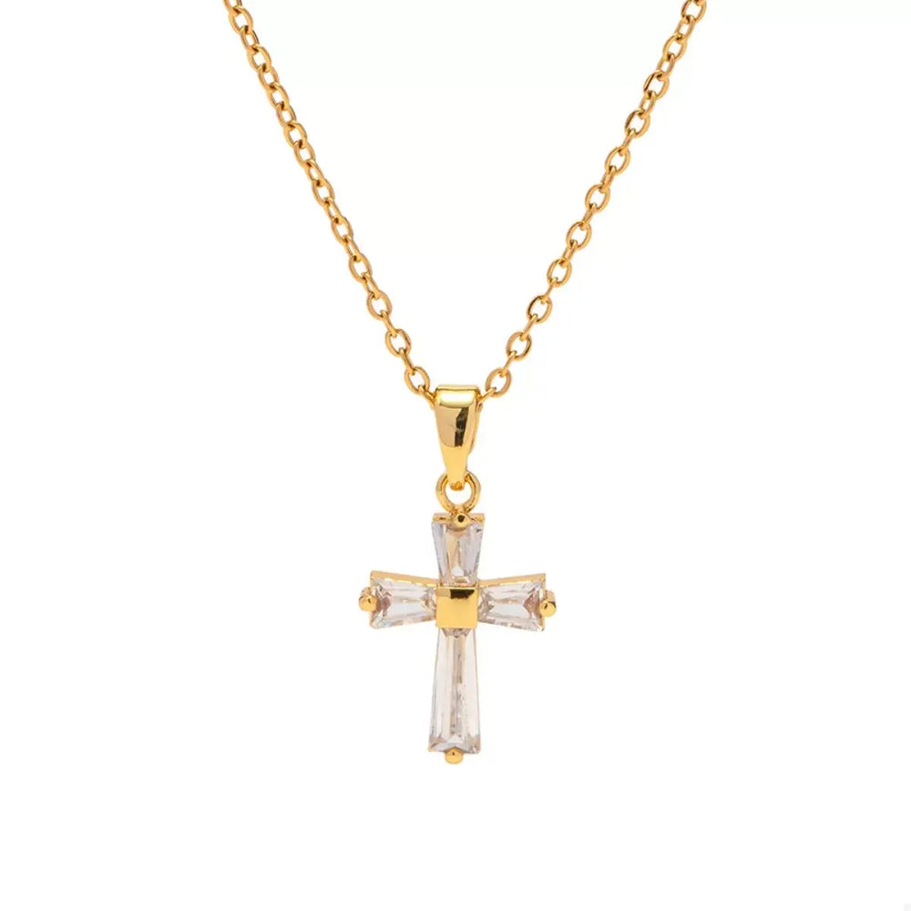 18K Gold-Plated Stainless Steel Zircon Cross Necklace