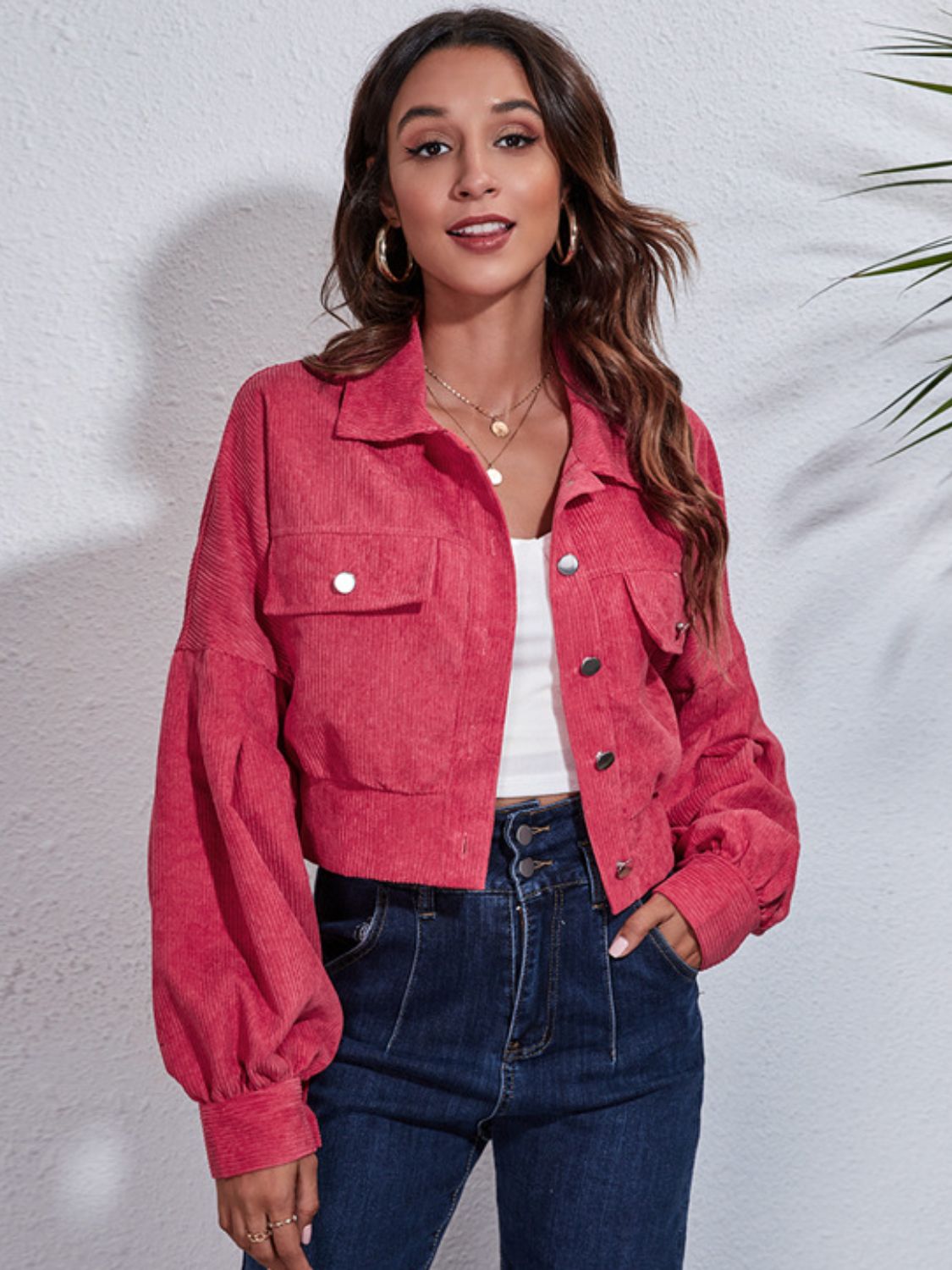 Button Down Collared Neck Cropped Jacket