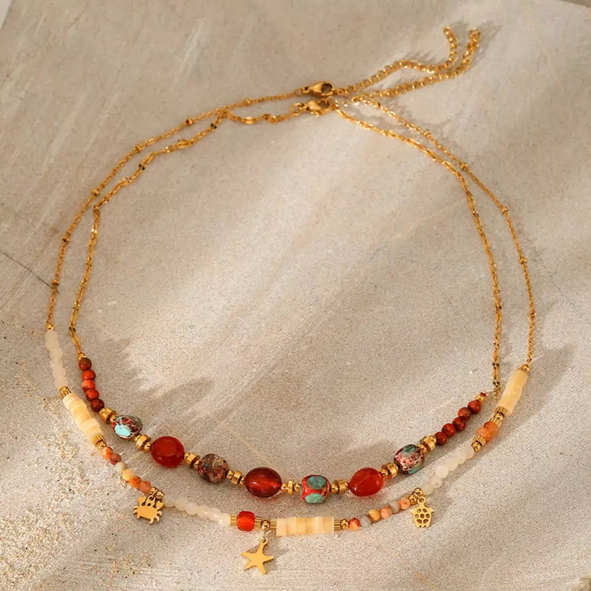 2 Piece 18K Gold-Plated Natural Stone Bead Necklace