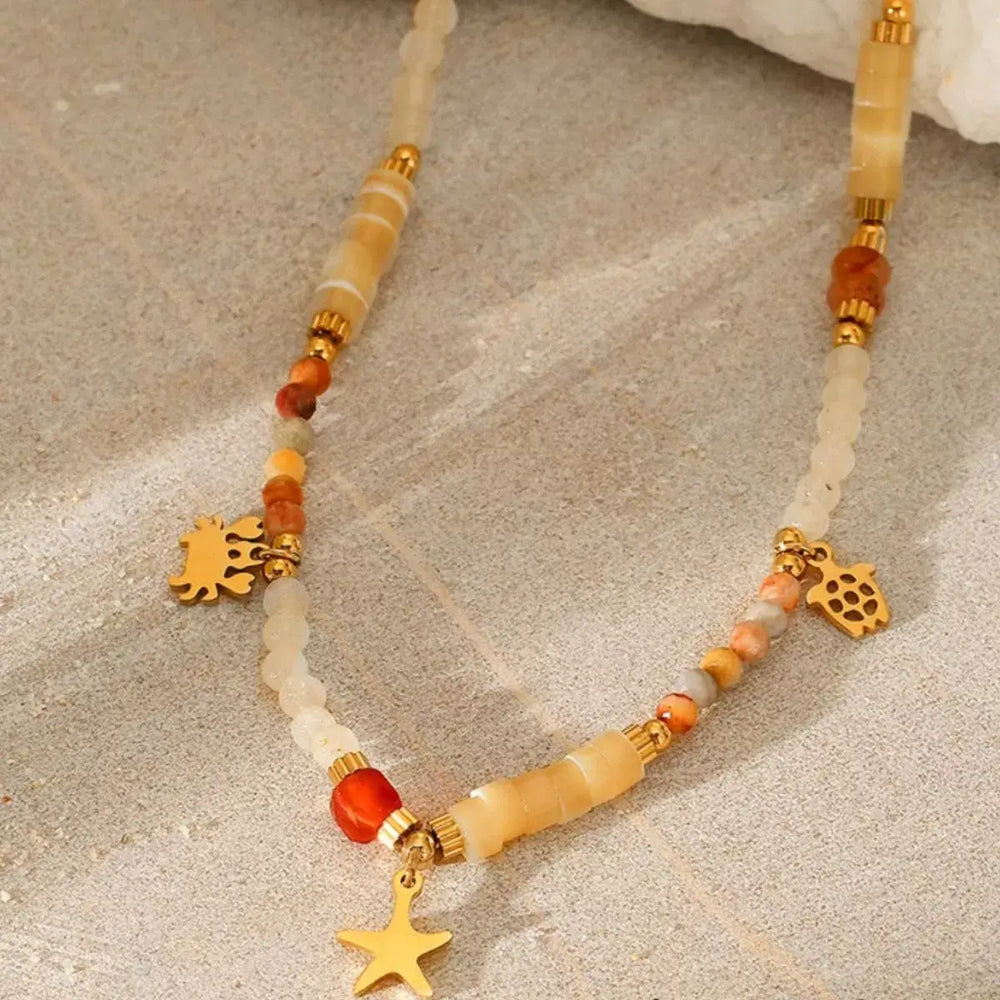 2 Piece 18K Gold-Plated Natural Stone Bead Necklace