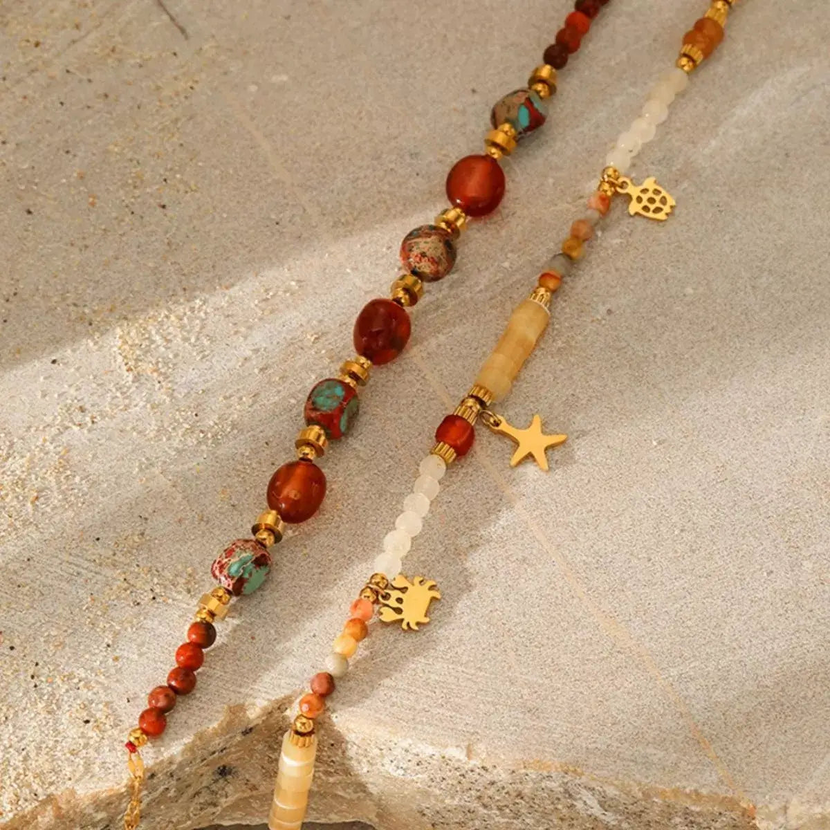 2 Piece 18K Gold-Plated Natural Stone Bead Necklace