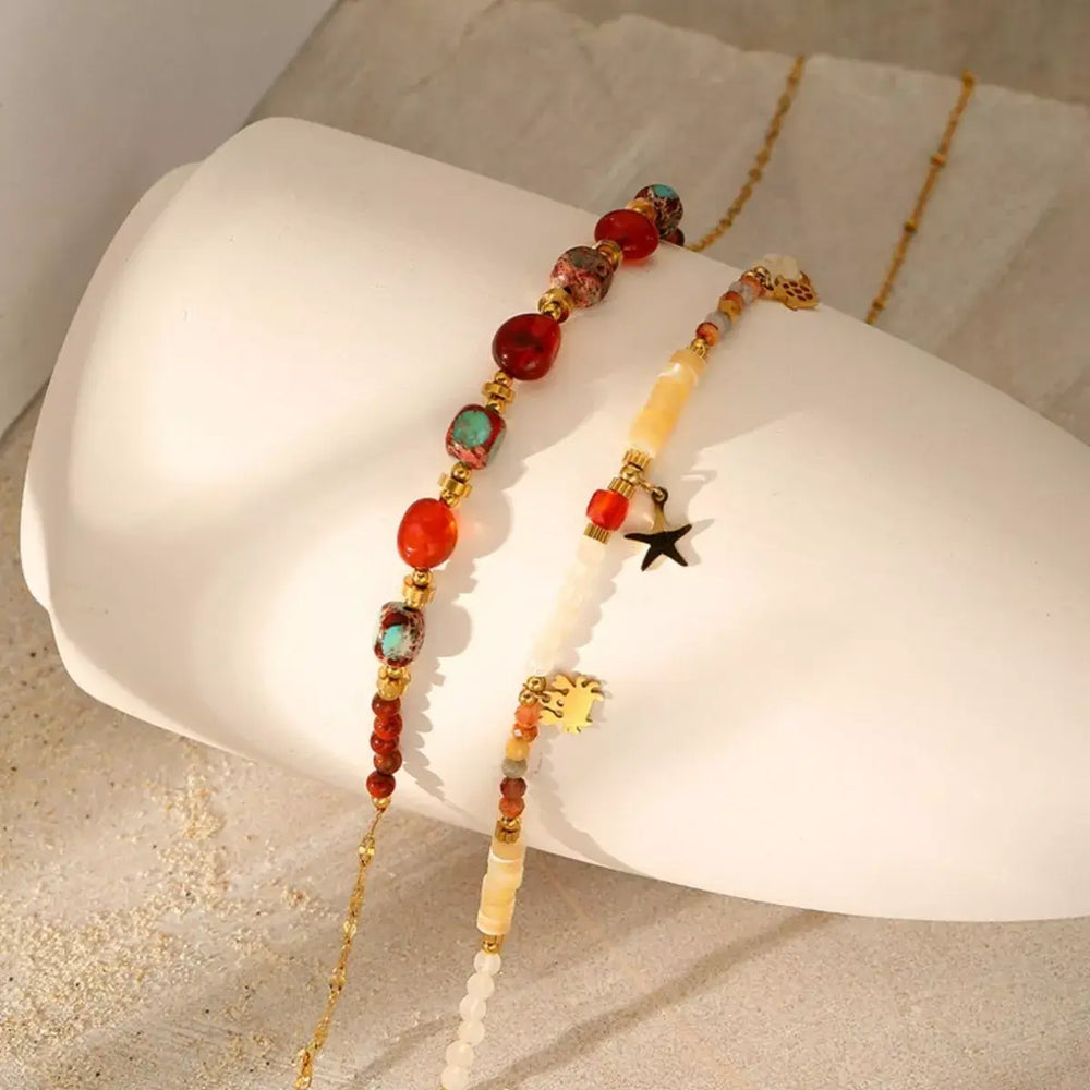 2 Piece 18K Gold-Plated Natural Stone Bead Necklace
