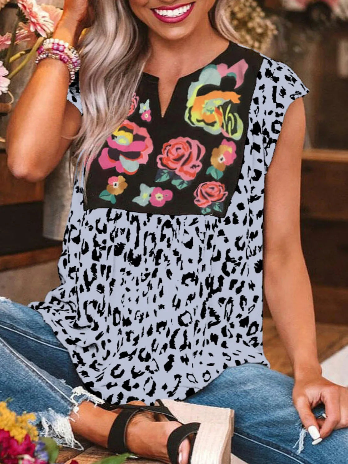 Full Size Leopard Floral Notched Cap Sleeve Blouse Plus Size