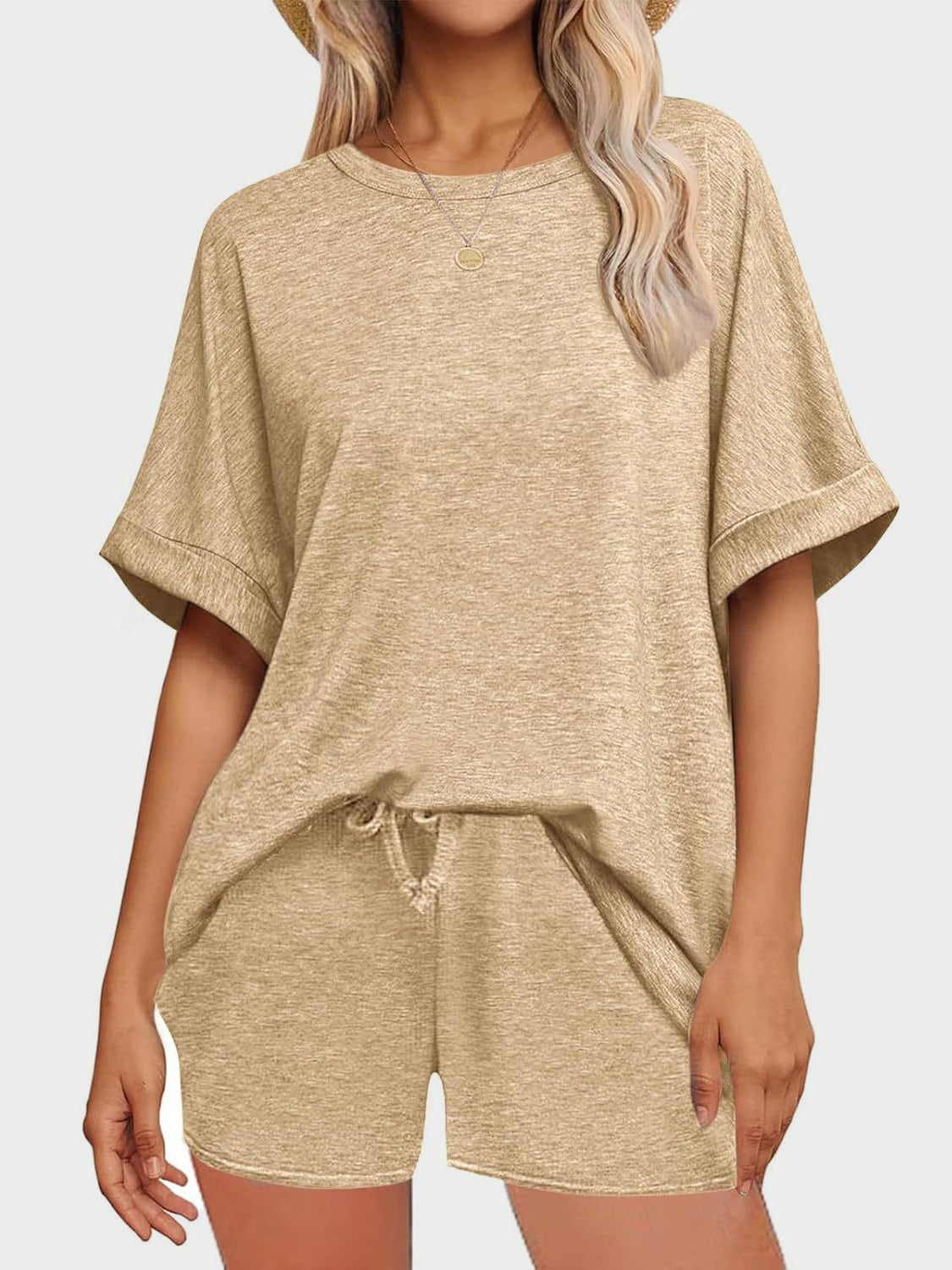 Round Neck T-Shirt and Drawstring Shorts Set