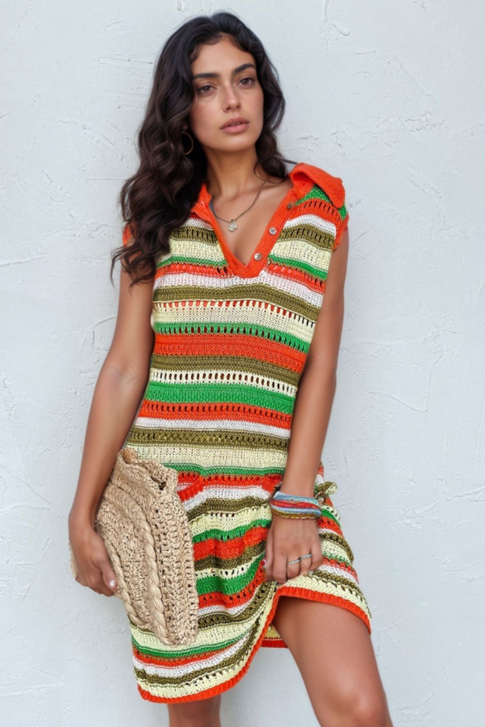 Openwork Stripe Sleeveless Sweater Dress
