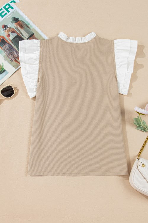 Ruffled Notched Cap Sleeve Top