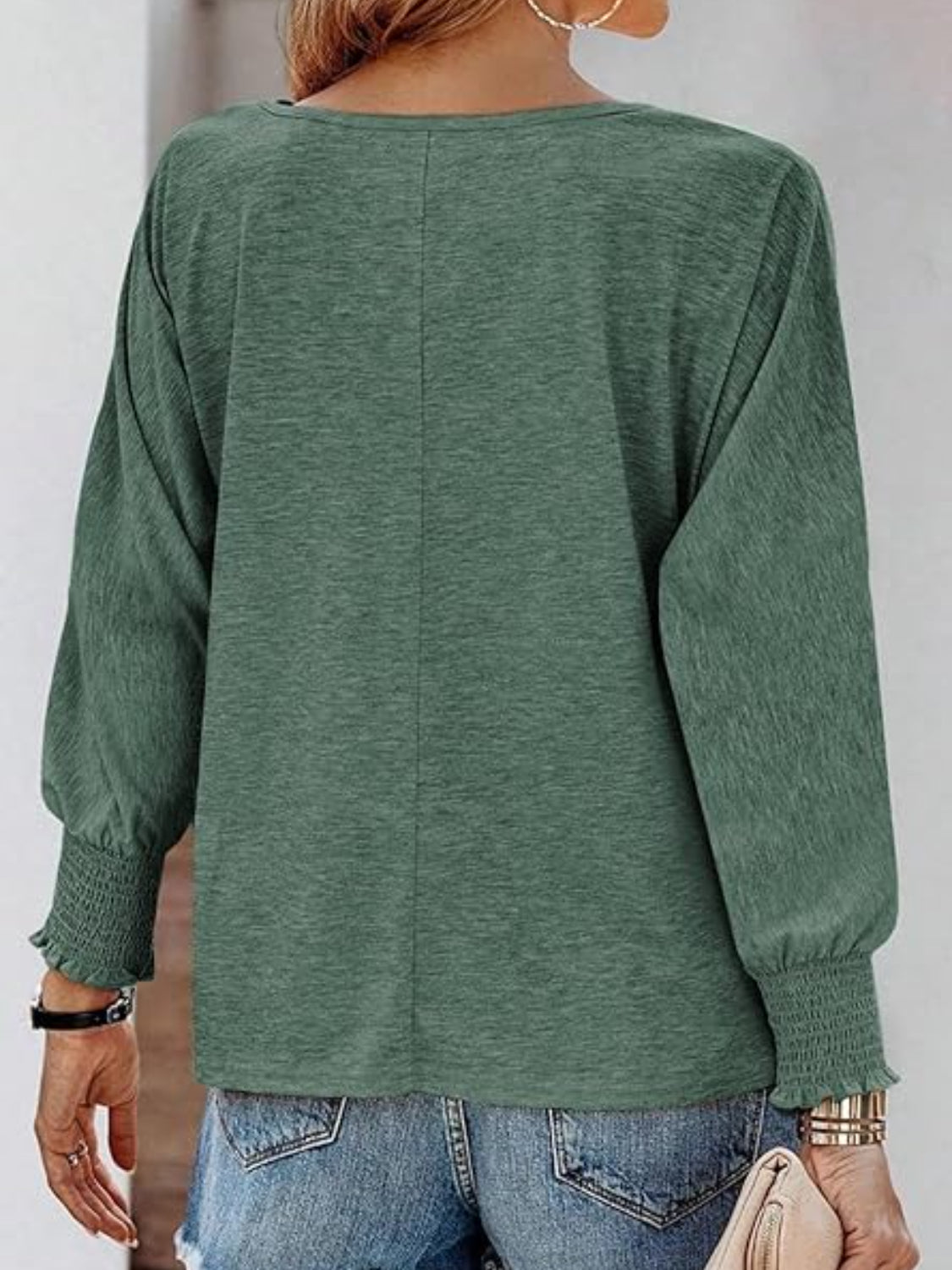 Round Neck Smocked Lantern Sleeve T-Shirt