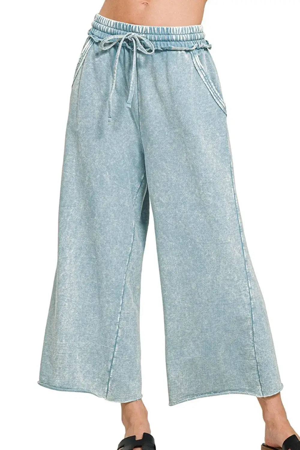 Zenana Washed French Terry Palazzo With Pockets