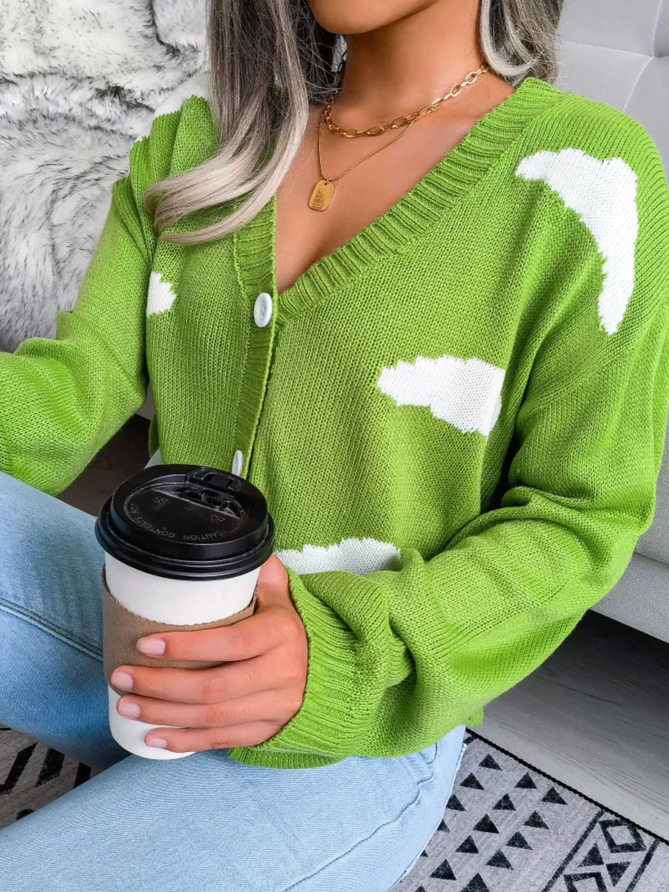 Cloud Pattern Button-Up Cropped Cardigan