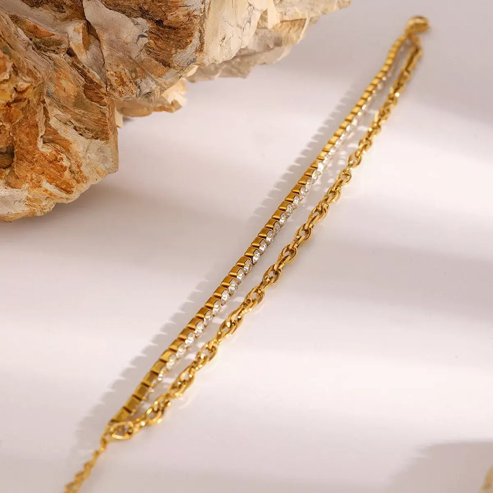 18K Gold-Plated Rhinestone Double Layered Bracelet