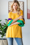 Heimish Full Size Round Neck Color Block Ruffled Half Sleeve Top Plus Size
