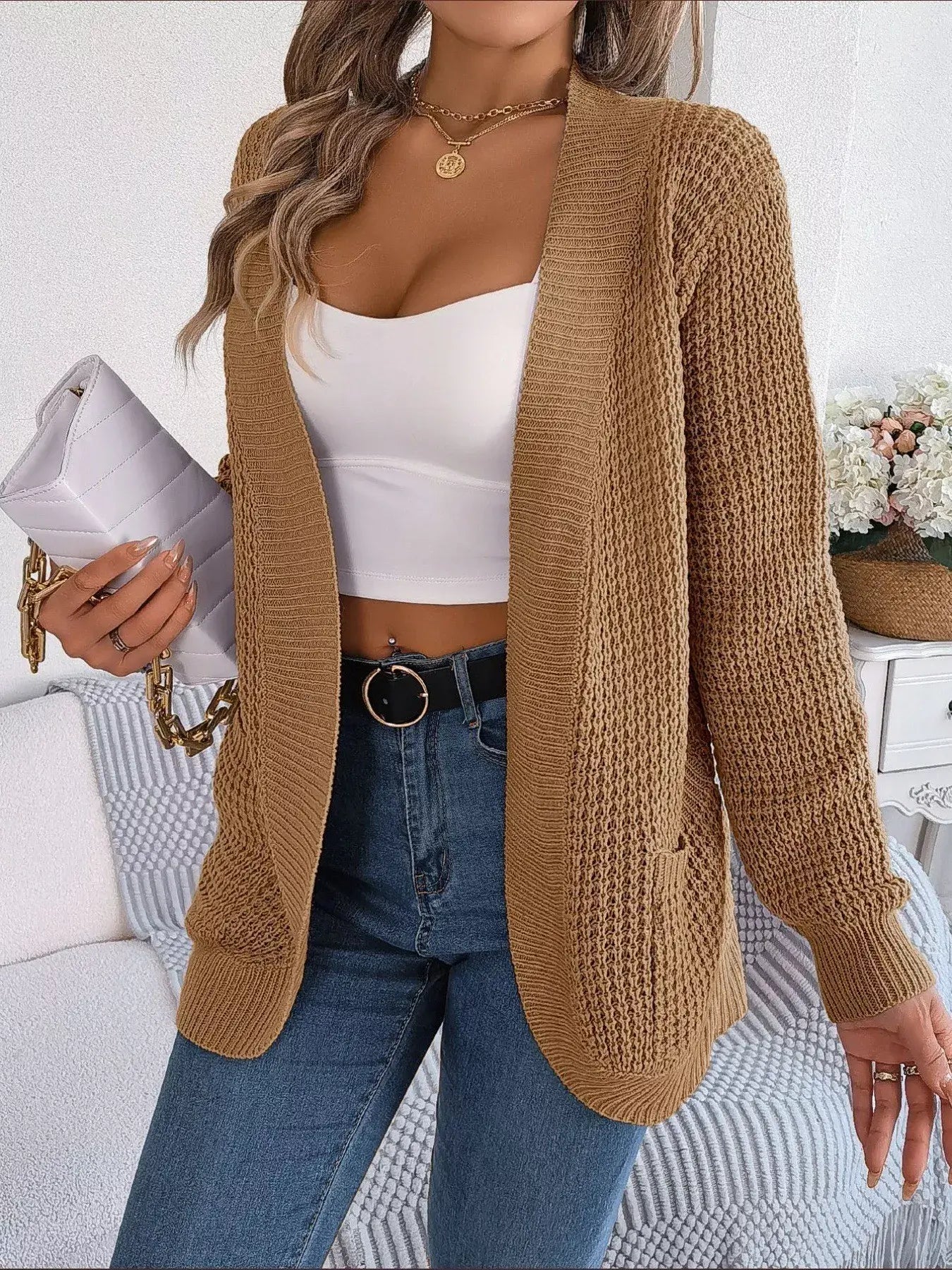 Chunky Knit Open Front Cardigan with Pockets