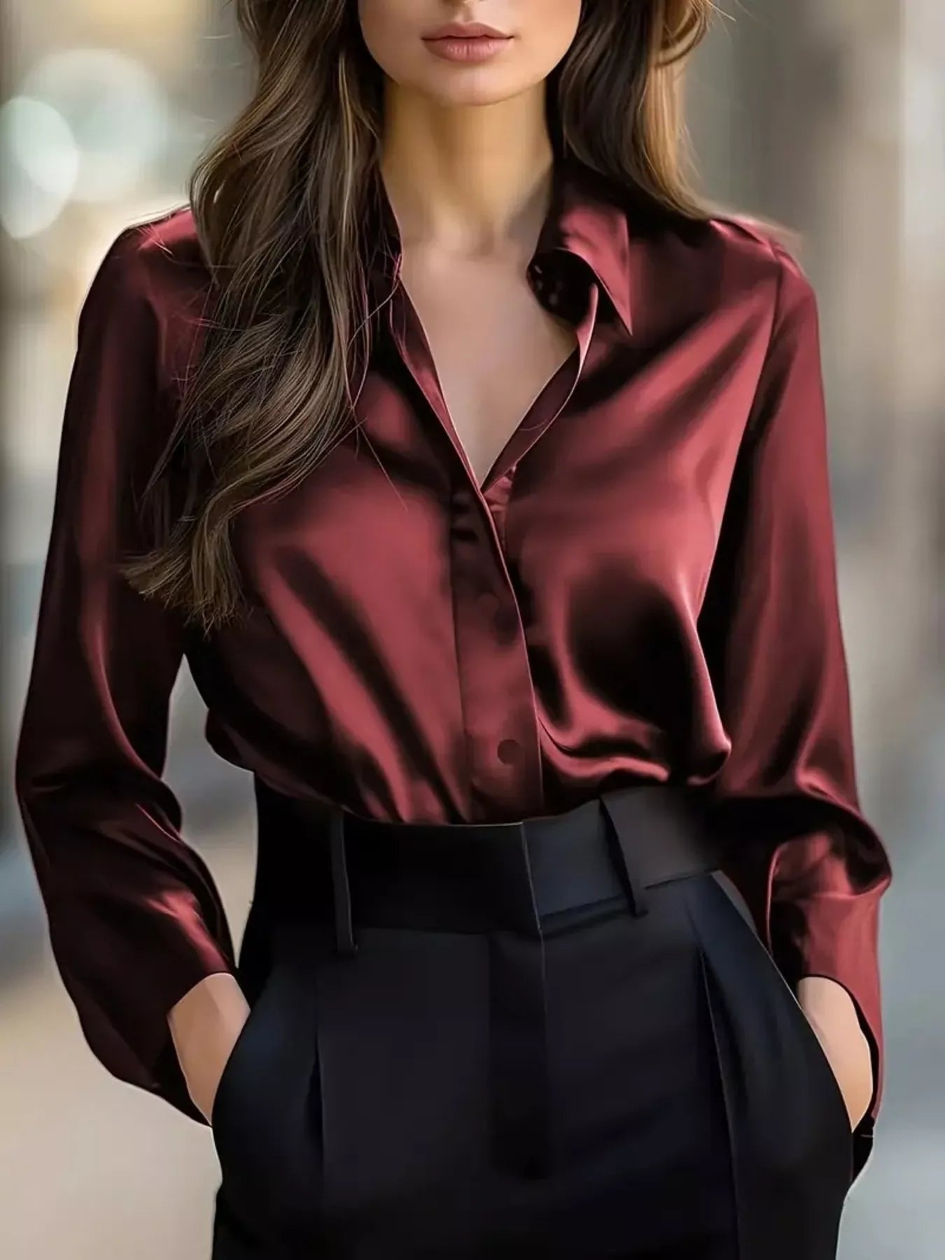 Woman wearing Button Down Long Sleeve Shirt with collared neckline and elegant style.