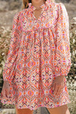 Printed Tie Neck Long Sleeve Mini Dress