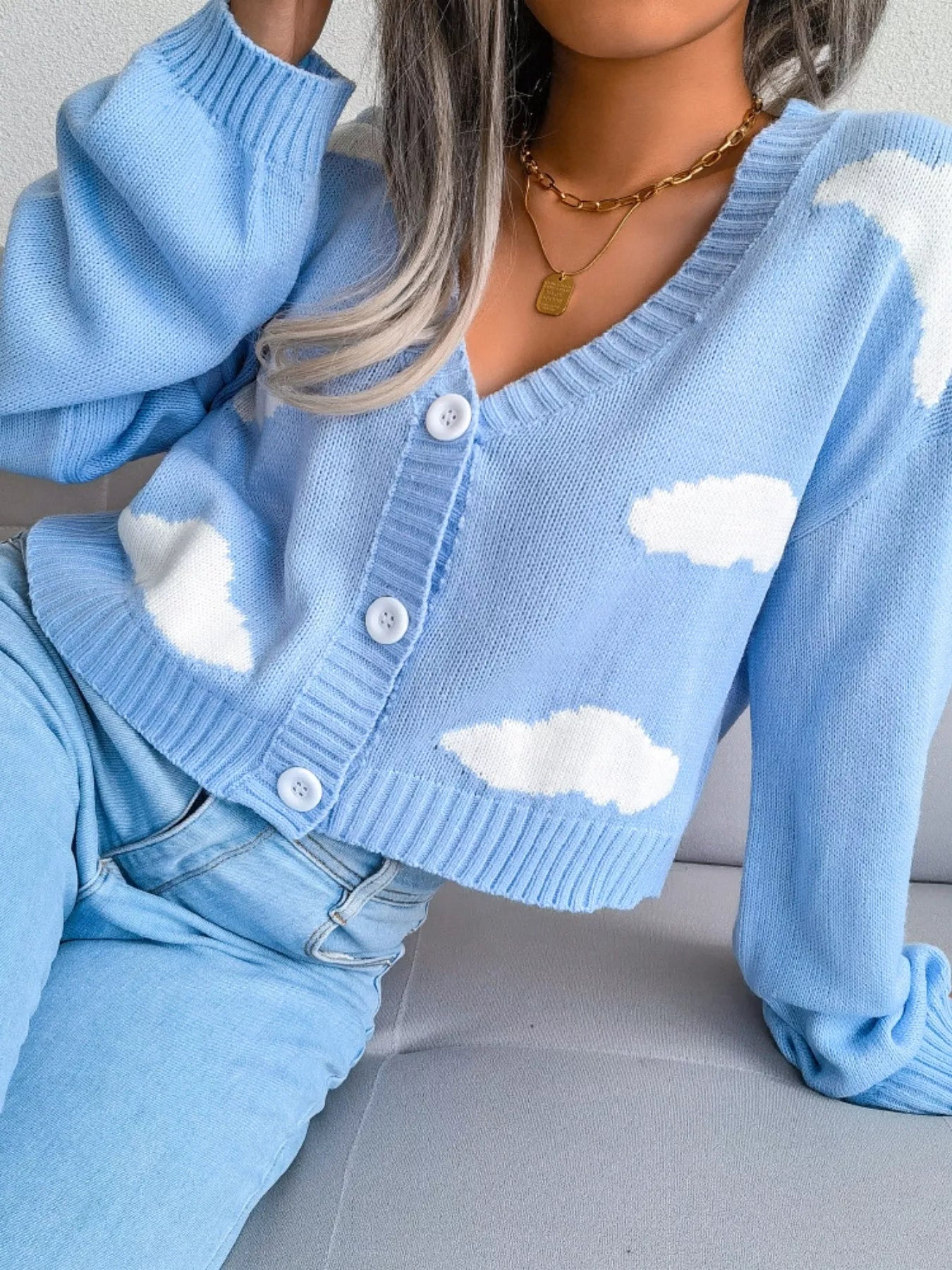 Cloud Pattern Button-Up Cropped Cardigan