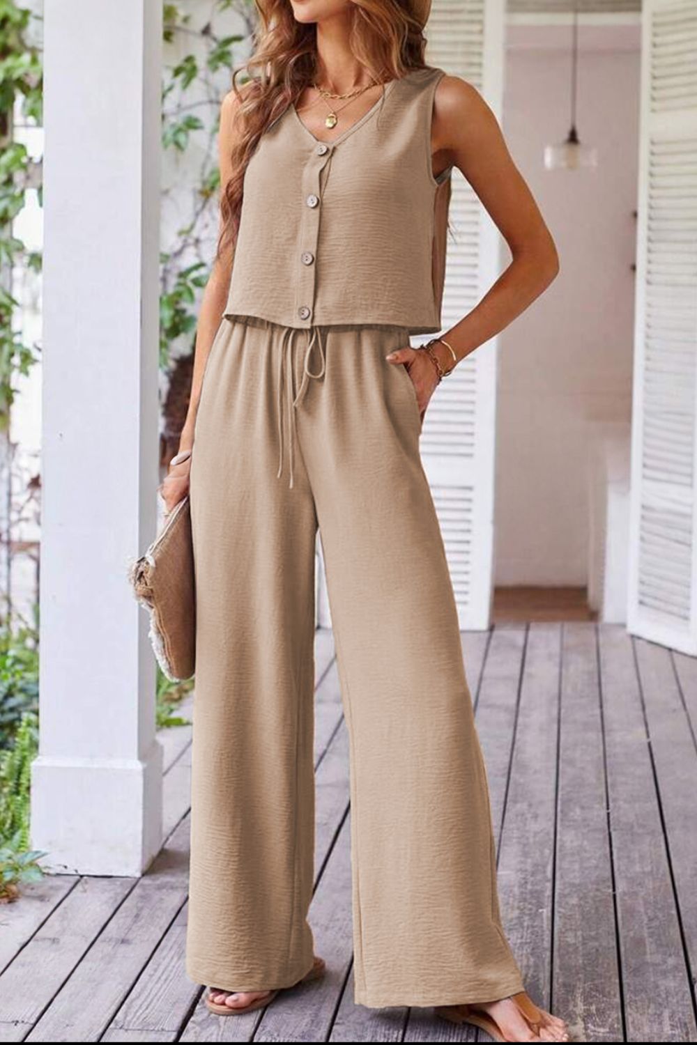 Button Down Vest and Drawstring Wide Leg Pants Set