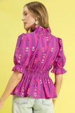 Umgee Printed Half Sleeve Peplum Blouse