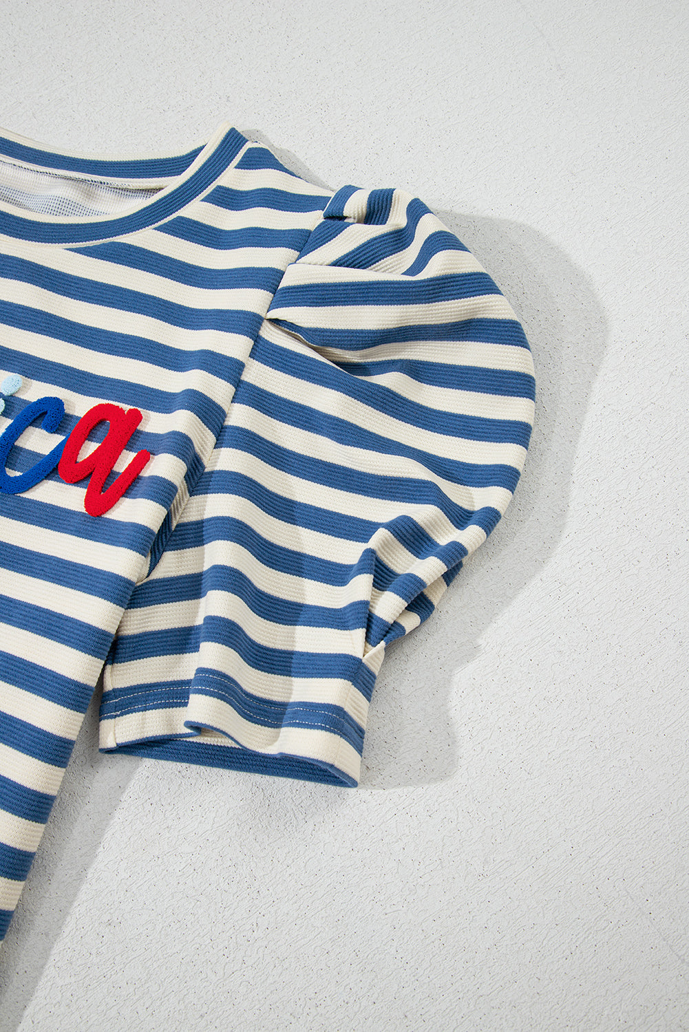 AMERICA Striped Round Neck Puff Sleeve Top