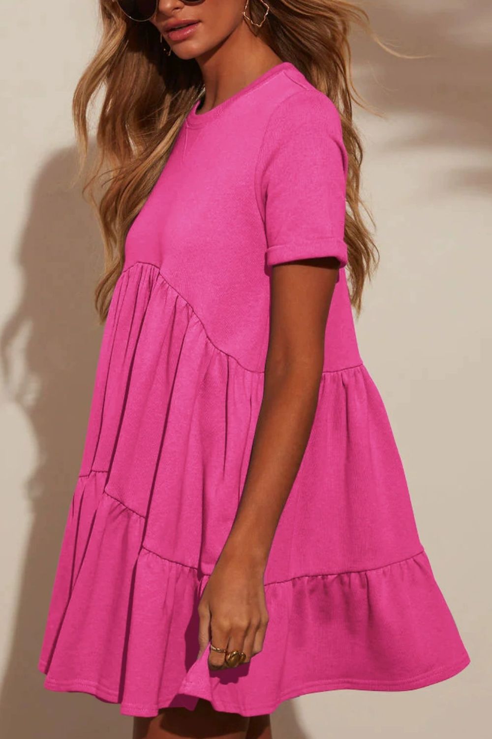 Tiered Round Neck Short Sleeve Mini Dress