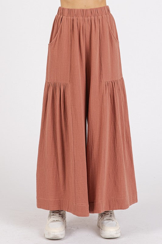Mittoshop Gauze Elastic Waist Pleated Wide Leg Pants