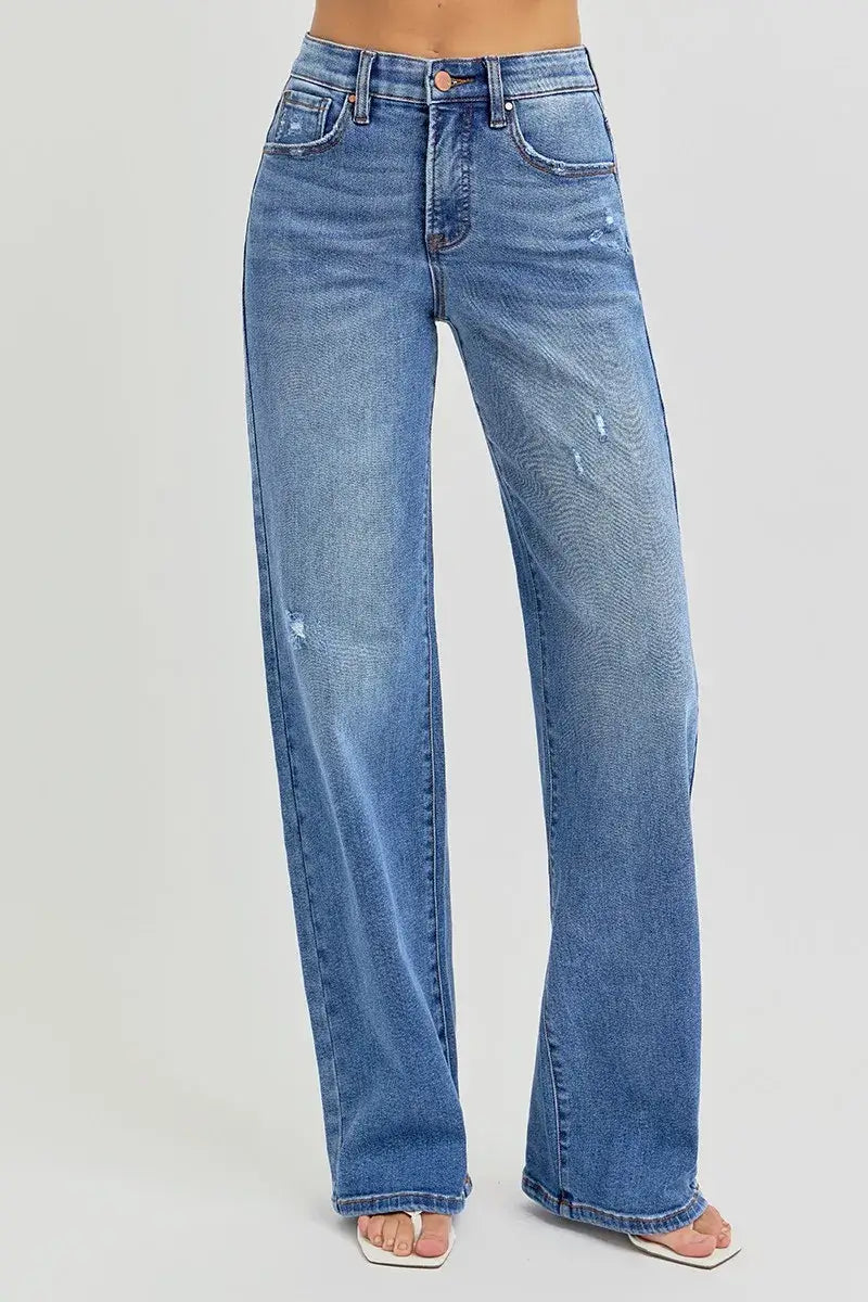 RISEN Full Size Tummy Control Elastic Band High Rise Wide Jeans Plus Size