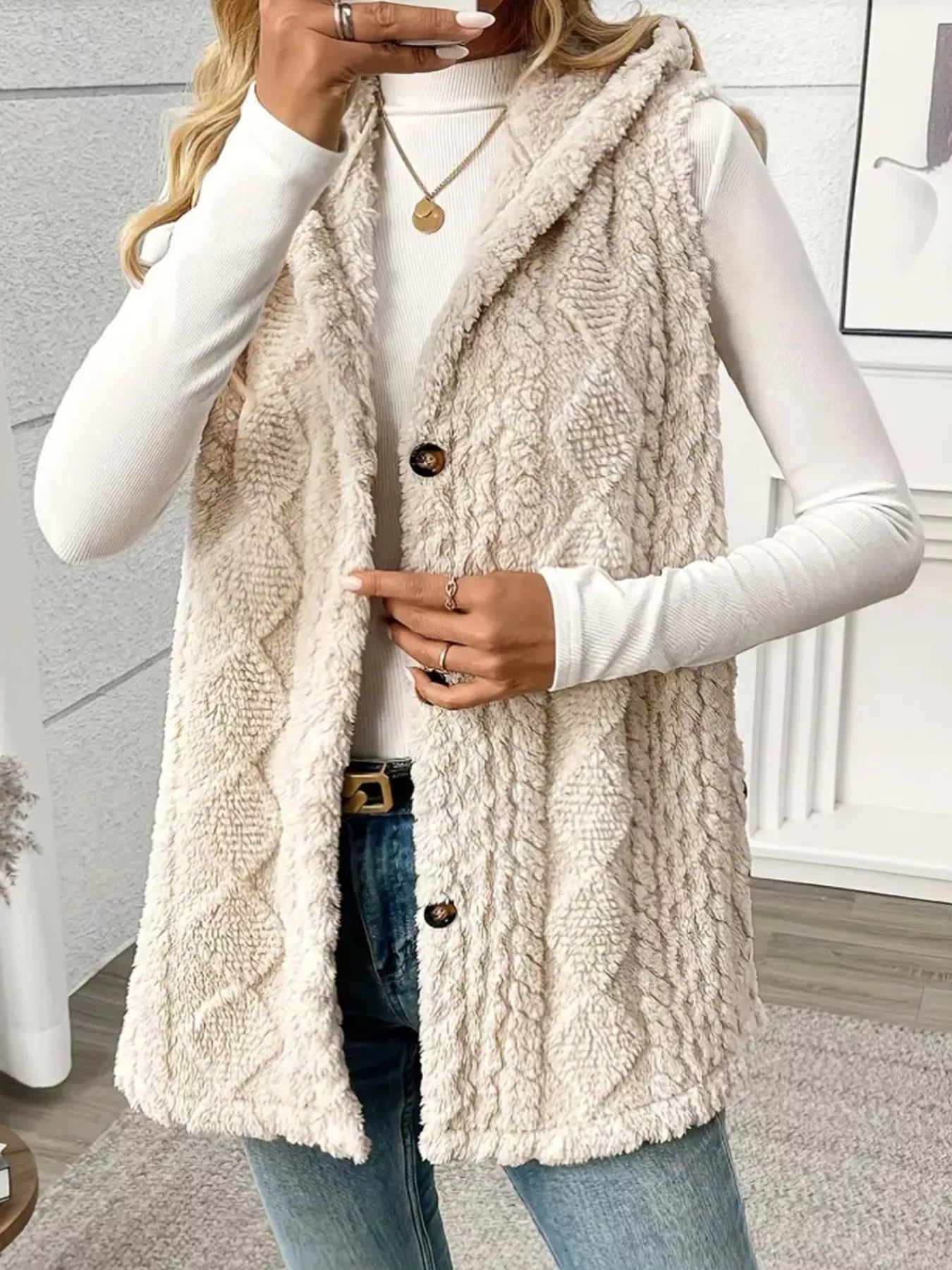Button Up Plush Hooded Vest Coat