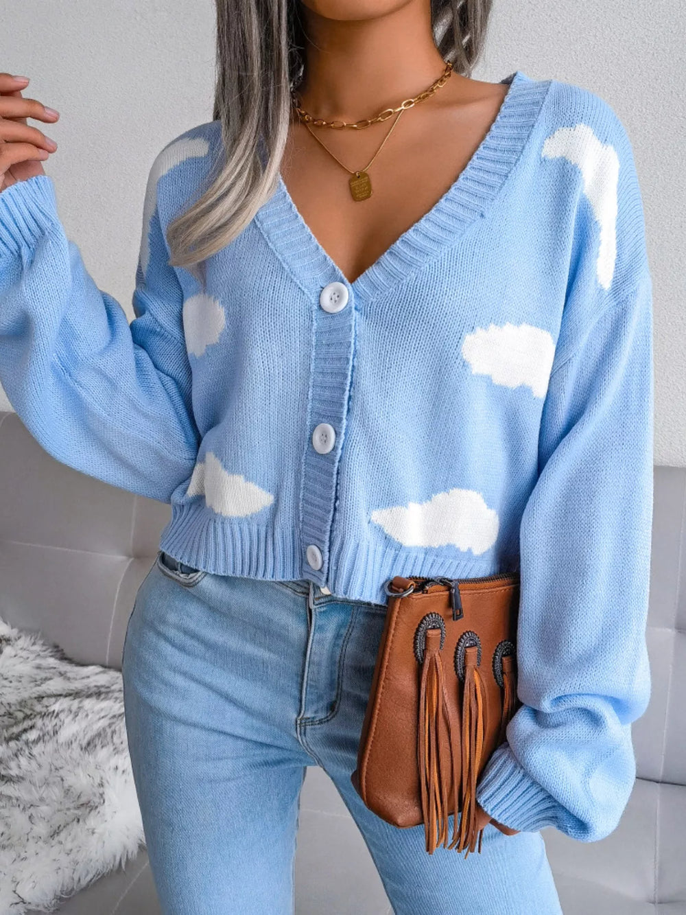 Cloud Pattern Button-Up Cropped Cardigan
